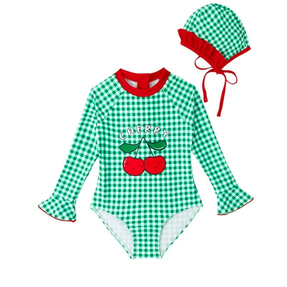 Hiijoy Toddler Girls One-Piece Swimsuit Plaid Cherry Print Long Sleeve Swimwear, Sizes 4-9