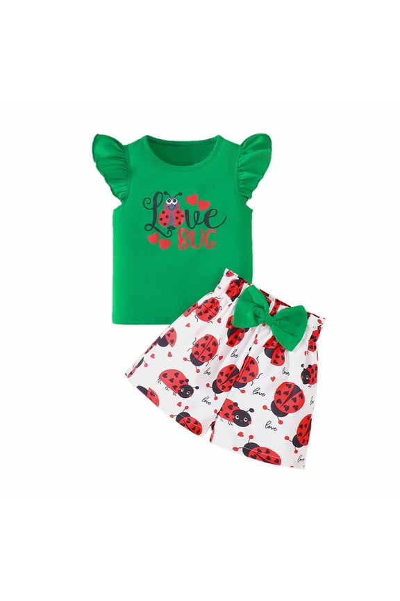 Toddler Girls Outfits Ladybug Print Flutter Sleeve T Shirt Shorts Set, Sizes 3-4T