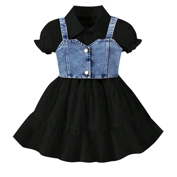 Hiijoy Toddler Girls Outfits Ruffle Short Sleeve Shirt Dress & Denim Camisole, Sizes 2-3T
