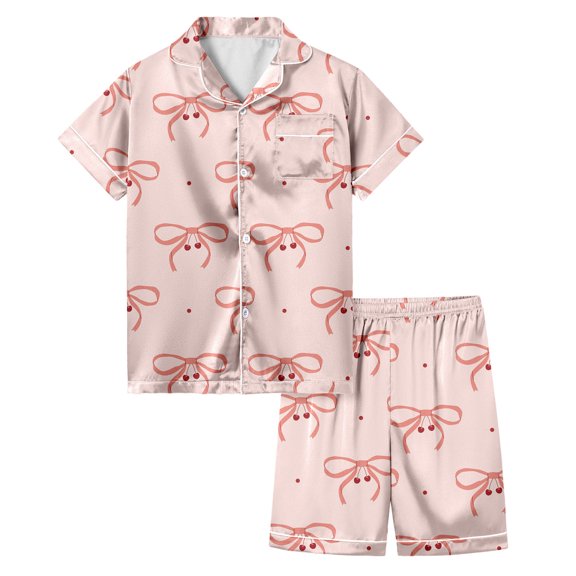 Hiijoy Toddler Girls Pajamas Bow Print Short Sleeve Button Shirt Shorts Sleepwear, Sizes 4-5T