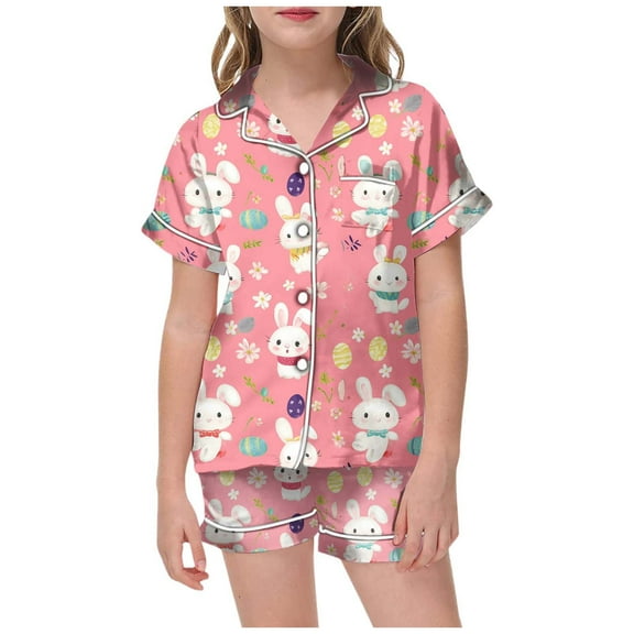 Hiijoy Toddler Girls Pajamas Cartoon Bunny Prints Short Sleeved Button-Up Top Shorts Sleepwear Set, Sizes 2-13
