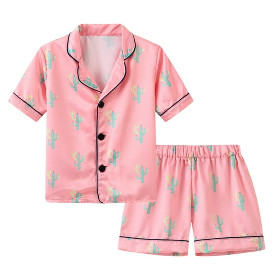 Hiijoy Toddler Girls Pajamas Cartoon Prints Short Sleeve Button Up Shirt Shorts Sleepwear
