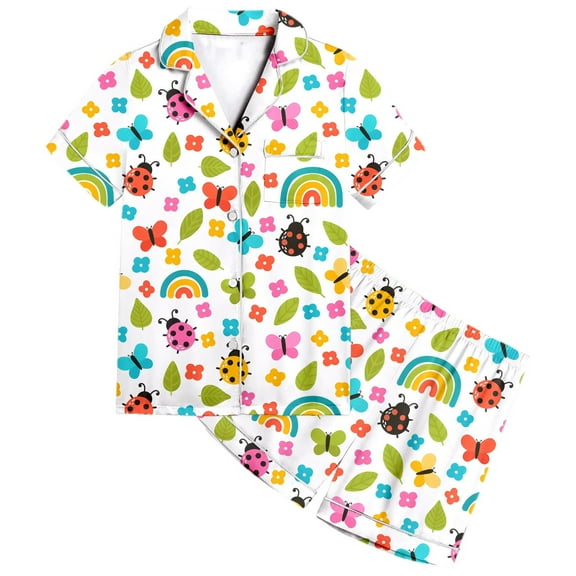 Hiijoy Toddler Girls Pajamas Short Sleeve Button Down Shirt Shorts Nightwear, Sizes 2-13