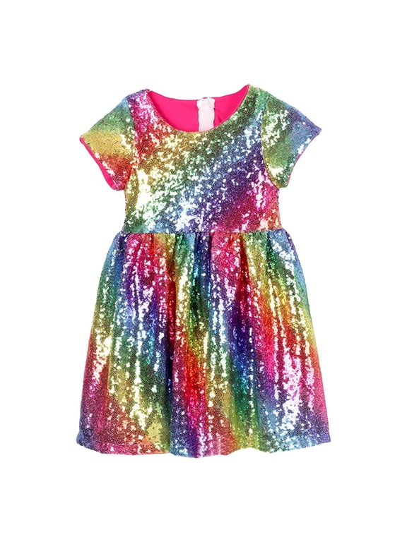 Toddler Girls Rainbow Sequin T Shirt Dress Sparkly Short Sleeved Party Dresses