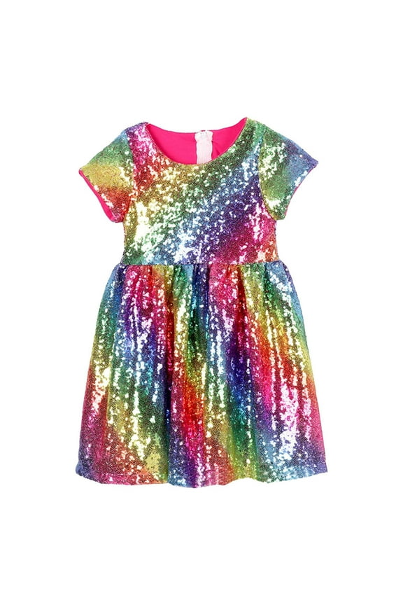 Toddler Girls Rainbow Sequin T Shirt Dress Sparkly Short Sleeved Party Dresses