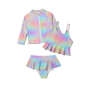 Hiijoy Toddler Girls Ruffle Tankini Swimsuit with Long Sleeve Rashguard Swimwear, 3-Piece
