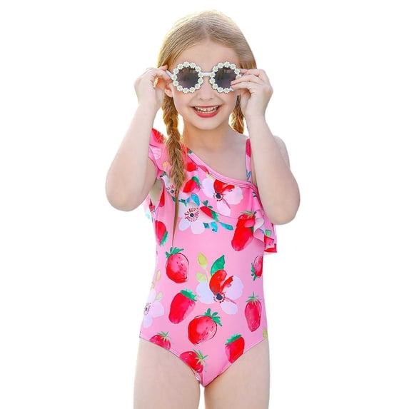 Hiijoy Toddler Girls Strawberry Print Ruffle One-Piece Swimsuit Bathing Suit, Sizes 3-10