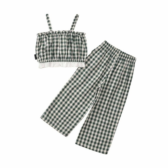 Hiijoy Toddler Girls Summer Outfits Gingham Print Tank Top & Wide Leg Pants Set, Sizes 2-3T