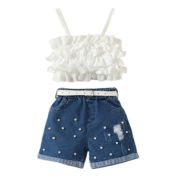 Hiijoy Toddler Girls Summer Outfits Ruffle Camisole Distressed Denim Shorts Set, Sizes 3-4T
