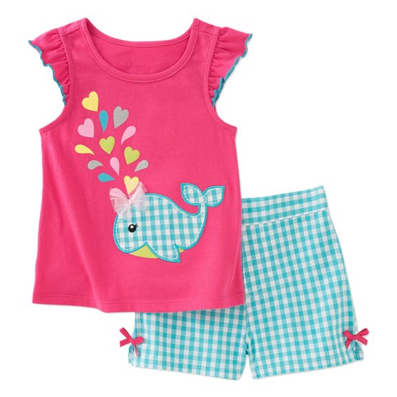Hiijoy Toddler Girls Summer Outfits Whale Print Ruffle Tank Top Shorts Set, Sizes 2-8