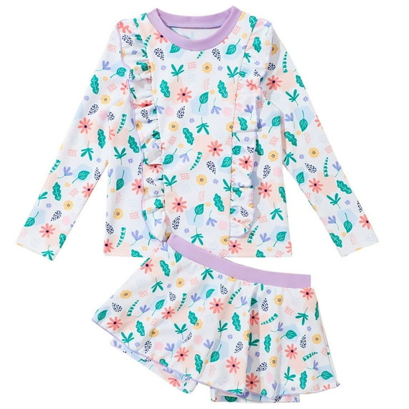 Hiijoy Toddler Girls Swimsuit Floral Ruffle Long Sleeve Rashguard Skirt Swimwear Outfits