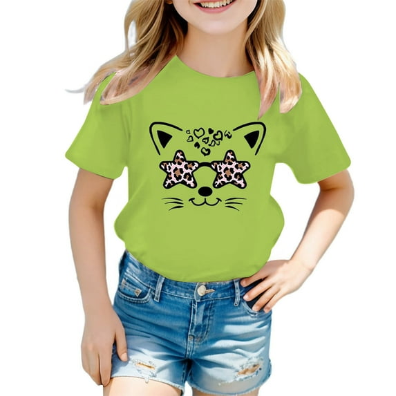 Hiijoy Toddler Girls T Shirt Cute Cartoon Cat Print Short Sleeve Tshirt Casual Graphic Tee
