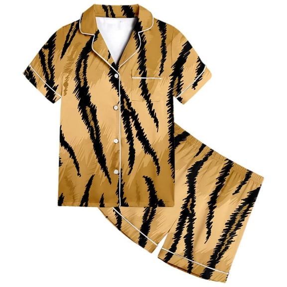 Hiijoy Toddler Girls Tiger Pattern Short Sleeve Button Down Pajamas Shorts Set Sleepwear Outfits, Sizes 2-13