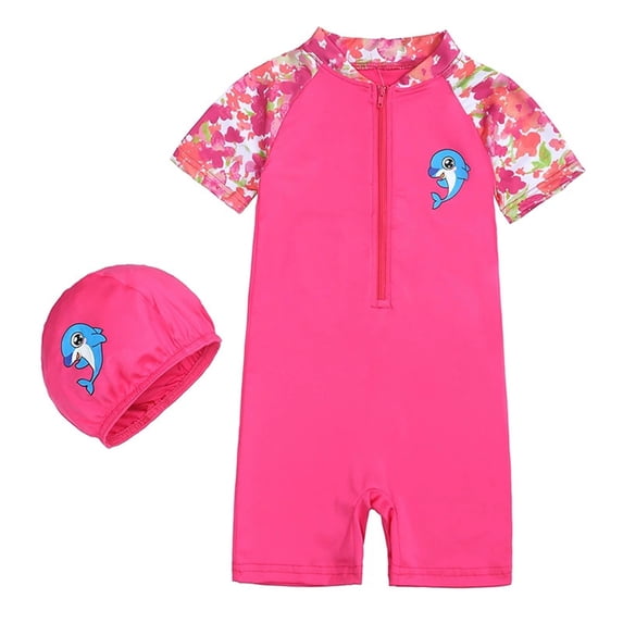 Hiijoy Toddler Girls Zipper One-Piece Swimsuit Short Sleeve Rash Guard Swimming Cap Quick Drying Bathing Suit, Sizes 1-8