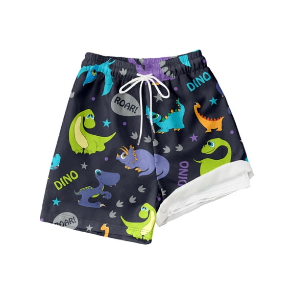 Hiijoy Tween Boys Dinosaur Prints Swimming Trunks Compression Liner Stretch Beach Shorts, Sizes 14-16Y
