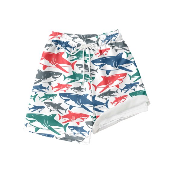 Hiijoy Tween Boys Swimming Trunks Shark Print Compression Liner Stretch Board Shorts, Sizes 14-16Y