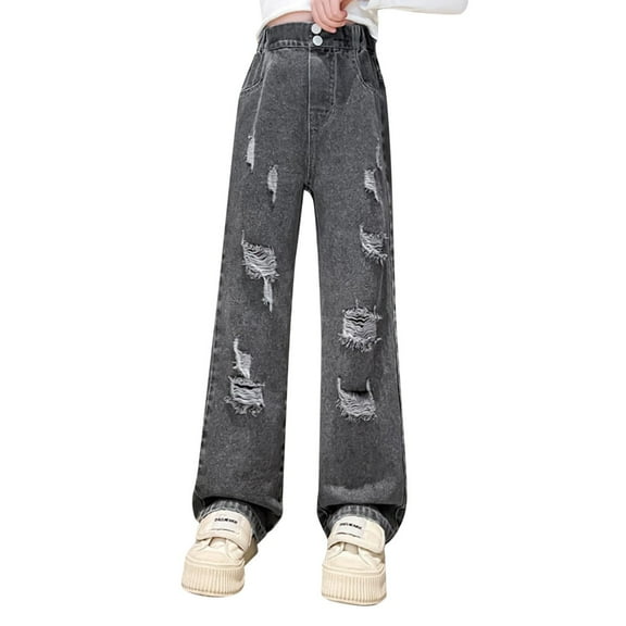 Hiijoy Tween Girls Ripped Jeans Distressed Wide Leg Denim Pants Kids High Waist Trousers