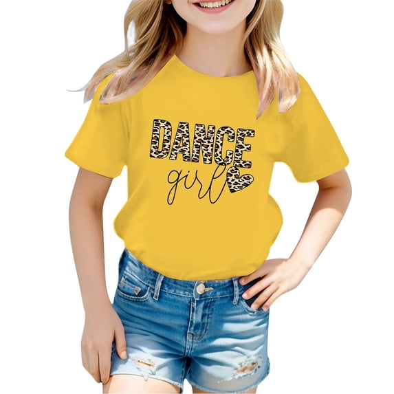 Hiijoy Yellow T Shirt for Girls Letter Print Leopard Short Sleeved Tee Shirt, Sizes 3-14