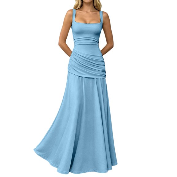 Hiiko Women's Evening Party Gown Formal Sleeveless Square Neck Ruched Flowy Maxi Dress