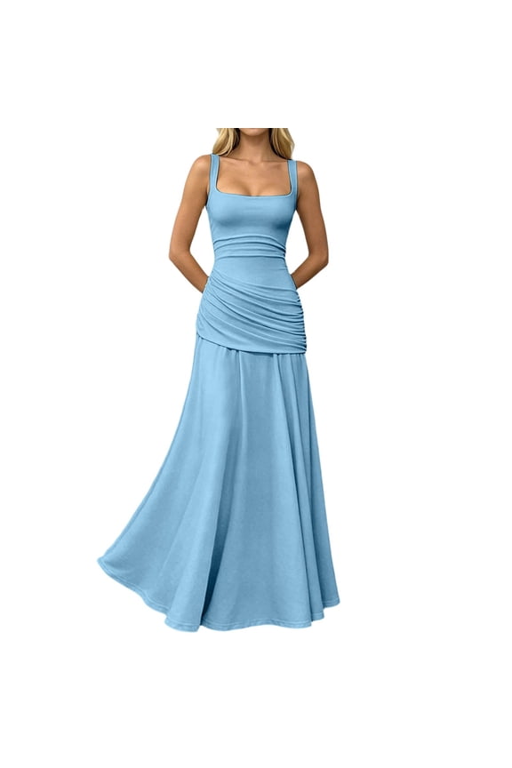 Women's Evening Party Gown Formal Sleeveless Square Neck Ruched Flowy Maxi Dress