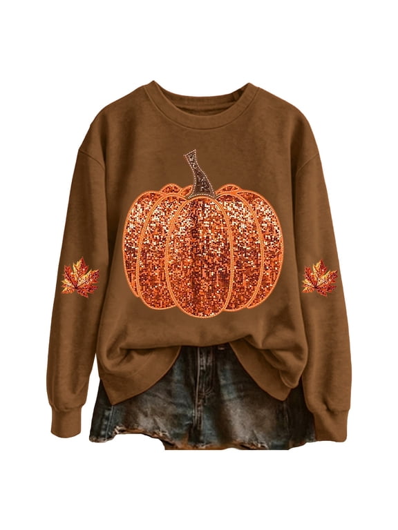 Women's Stylish Halloween Pumpkin Sweatshirts Glitter Sequin Crew Neck Pullover Tops