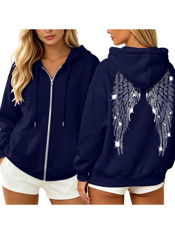 Women's Zip Up Hoodie Glitter Rhinestone Angel Wing Sweatshirt Graphic Hooded Jacket