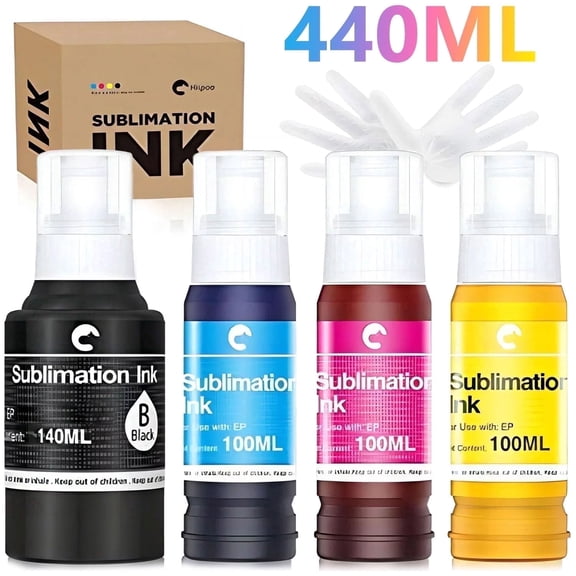 Hiipoo 440ML Sublimation Ink Refilled Bottles Compatible with ET2400 ET2720 ET2760 ET2750 ET4800 ET-2800 ET-2803 ET-2850 Inkjet Printers Heat Press Transfer on Mugs T-Shirts, 1BK/1C/1Y/1M