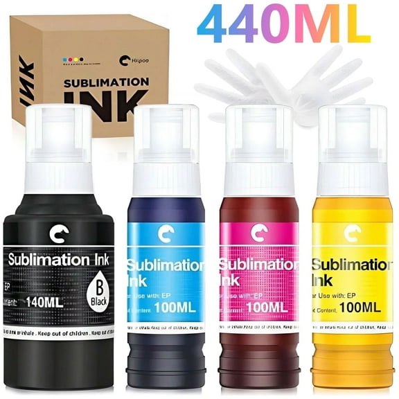 Hiipoo 440ML Sublimation Ink Refilled Bottles Compatible for Ecotank Printers ET2400 ET2720 ET2750 ET2760 ET-2803 ET-4800 Inkjet Printers Heat Press Transfer on Mugs T-Shirts, DIY Gifts, (BK/C/M/Y)