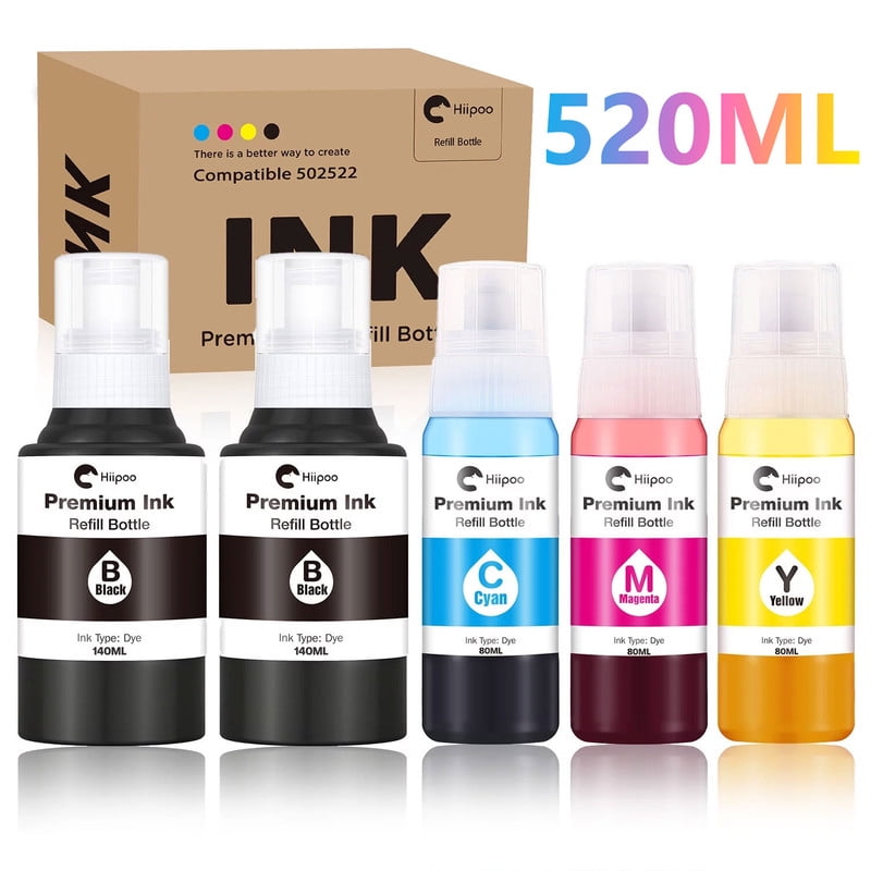 Hiipoo 502 522 Refill Ink Bottle Compatible for Epson 502 522 Ink Compatible with Epson Ecotank Printers ET-2750 ET-2800 ET-2803 ET-4750 ET-4760 ET-4800 ET-15000 Printer (BK/BK/C/M/Y), 5 Bottles