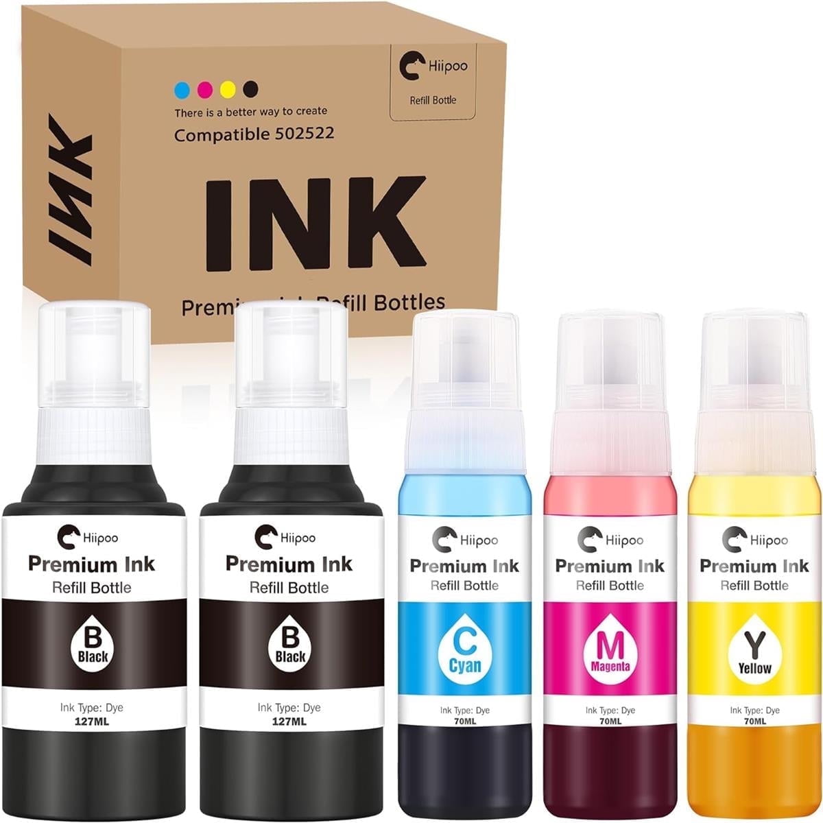 Hiipoo 502 522 Refill Ink Bottle Compatible for Epson 502 522 Ink Compatible with Epson Ecotank Printers ET-2750 ET-2800 ET-2803 ET-4750 ET-4760 ET-4800 ET-15000 Printer (BK/BK/C/M/Y), 5 Bottles