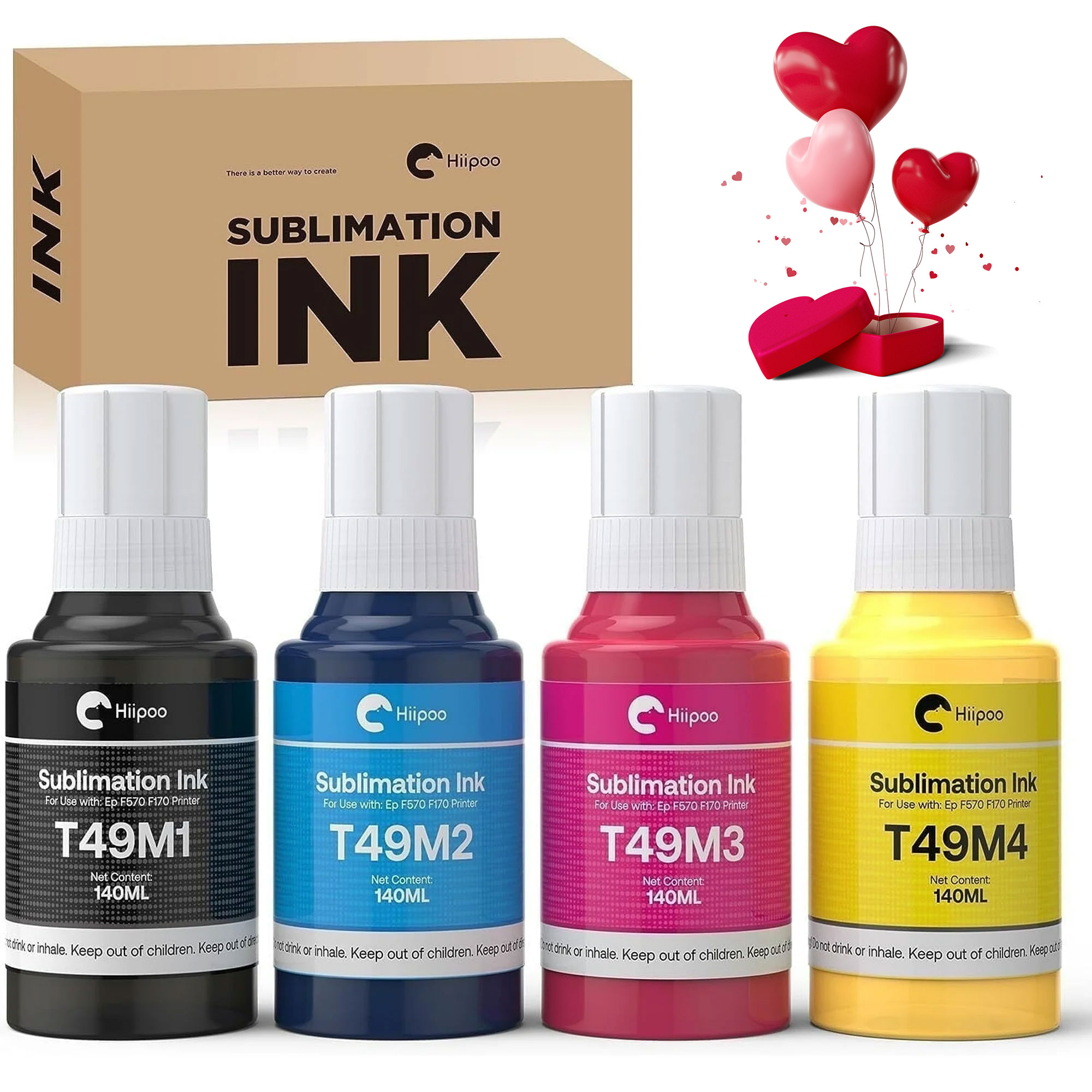 Hiipoo 560ML T49M Sublimation Ink Fits for Epson Surecolor F170 F570 Sublimation Printer(T49M1 T49M2 T49M3 T49M4 Autofill/ICC-Free/Anti-UV), DIY Gifts, On Demand Printing, Black Cyan Magenta Yellow