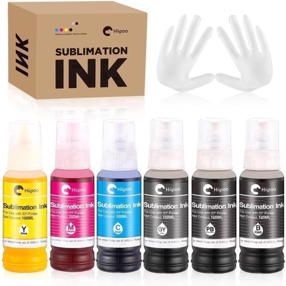 Hiipoo 600ML Sublimation Ink for ET-8500 ET-8550 Wide-Format Supertank Printers Heat Press Transfer on T-Shirt Tumblers (6x100ML, BK PB C M Y GY)