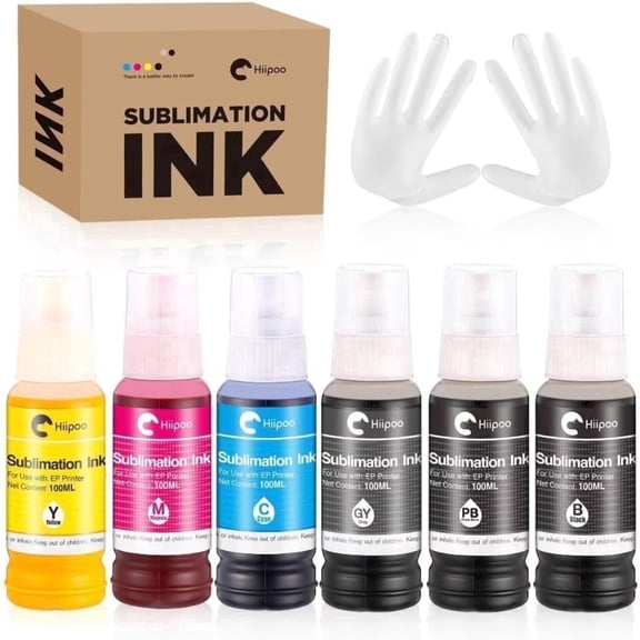 Hiipoo 600ML Sublimation Ink for ET-8500 ET-8550 Wide-Format Supertank Printers Heat Press Transfer on T-Shirt Tumblers (6x100ML, BK PB C M Y GY)