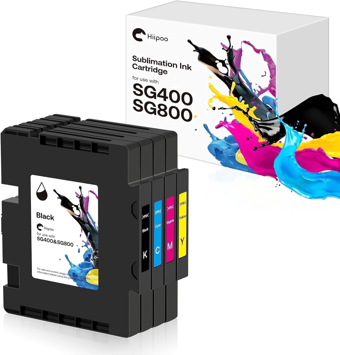 Hiipoo SG400 SG800 Sublimation Ink Cartridge (4-Pack), Compatible with Printers, Latest Upgraded Chip, Heat Transfer for Mugs, T-Shirts, DIY Gifts , Black/Cyan/Magenta/Yellow