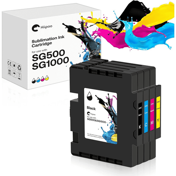 Hiipoo SG500 SG1000 Sublimation Ink Cartridges 4-Pack, Compatible with Sawgrass Virtuoso Printers, Latest Upgraded Chip, Black Cyan Magenta Yellow