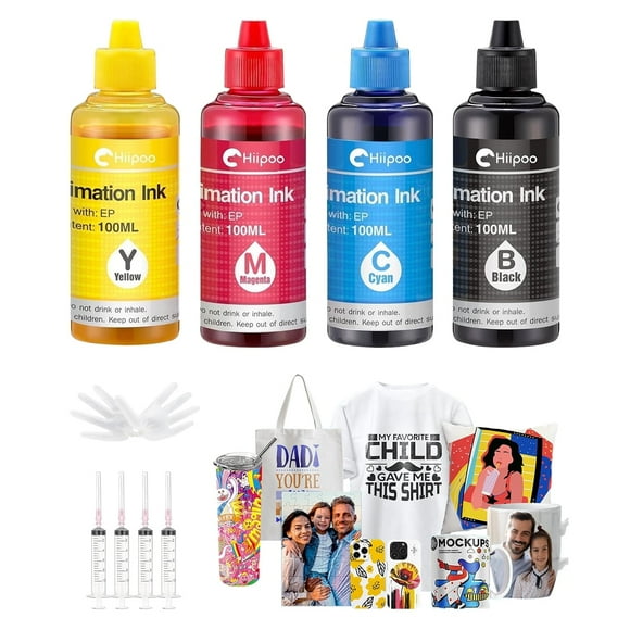 Hiipoo Sublimation Ink Refilled Bottles Compatible with Ecotank Printers WF7710 ET2720 ET2760 ET2800 ET2803 ET15000 C88 Inkjet Printer Heat Press Transfer on Mugs Plates T-Shirts, DIY Gifts