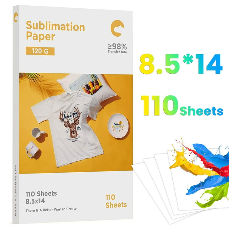 Hiipoo Sublimation Paper 8.5x14 inch 110 Sheets for Any Inkjet Printer Which Match Sublimation Ink 120gsm over 98 High Transfer Rate DIY Print Tools