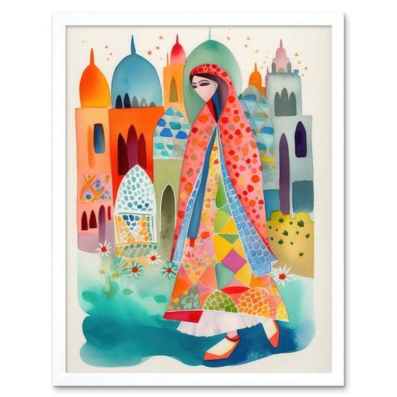 Hijab Muslim Woman with Buildings Folk Art Art Print Framed Poster Wall Decor 12x16 inch