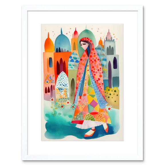 Hijab Muslim Woman with Buildings Folk Art Artwork Framed Print Wall Art 9X7 Inch