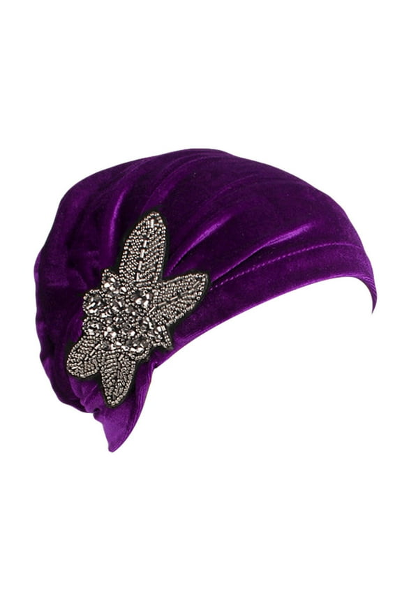 Hijab Undercap, Audhol Women's Elegant Soft Velvet Turban Beanie with Beaded Flower Hat Chemo for Cancer Hair Loss Ladies Hijab for Women Purple One Size