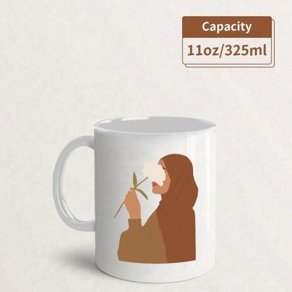 Hijab Woman Mug Elegant Islamic Tea Cup with Brown Floral design 11oz Ceramic Cup Women Islamic Home Decor Halal Living Hand Wash Only Compatible with
