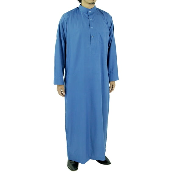 Hijaz Blue Men's Formal Arabian Thobe Cotton Kaftan Kandura With Pockets-M
