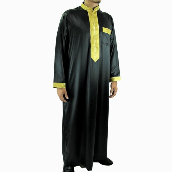 Hijaz Premium Arabian Thobe Black Vietnamese Cotton Kaftan With Gold Accents-M