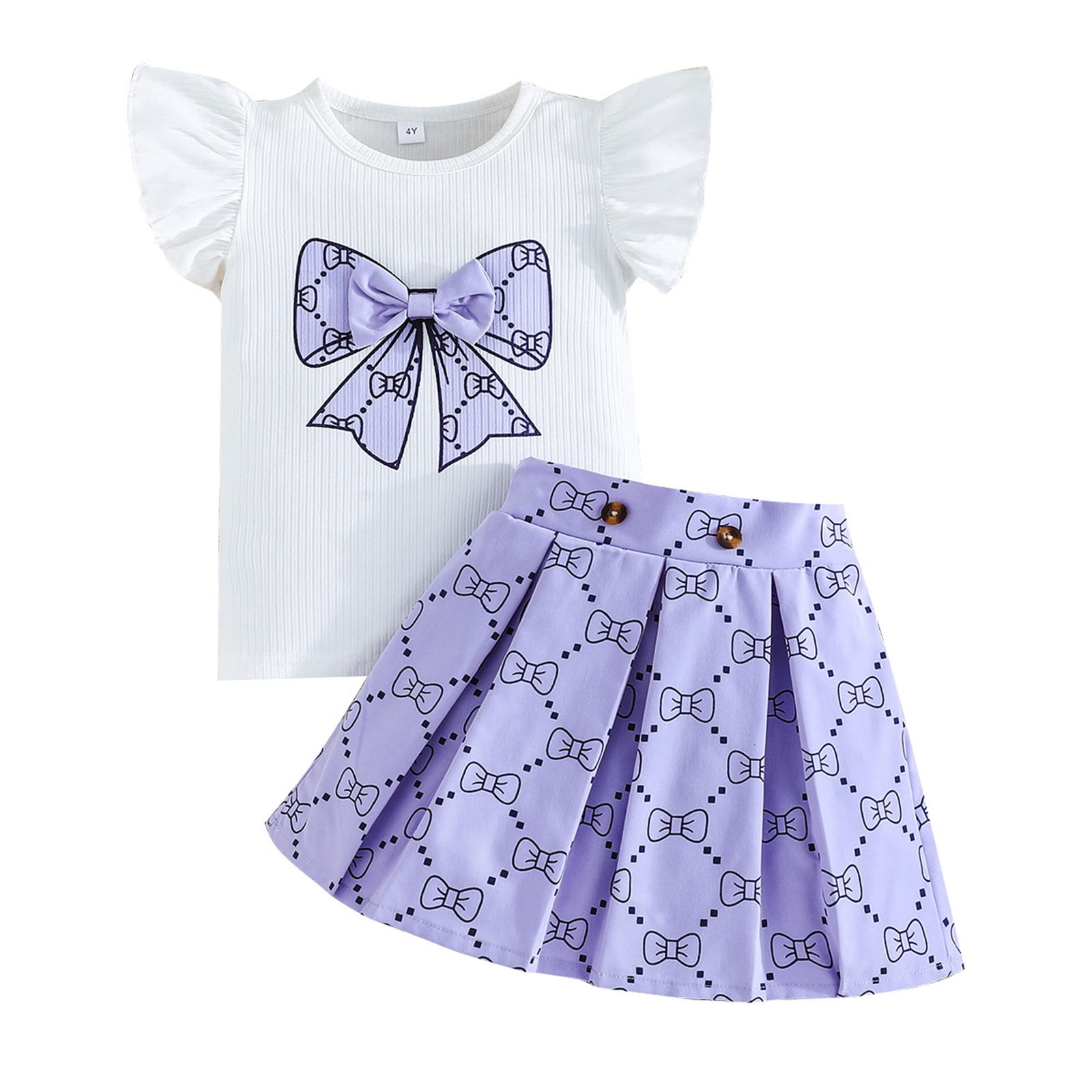 Hijjoy Girls Casual Outfits Bow Ruffle Shoulders Tank Top Pleated Skirt ...