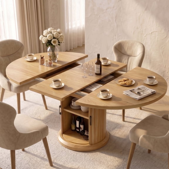 Hijob 47″–63″ Extendable Dining Table with 2 Tier Storage Cabinet - Oval Dining Table Convertible Round Kitchen Table for 4-8 People, Natural