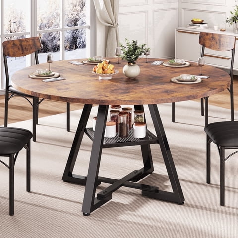 HiJob 47 inch Wood Dining Table for 4, Round Kitchen Dining Table with Storage Shelf for Home Dining Room Living Room, Brown(Only Table)