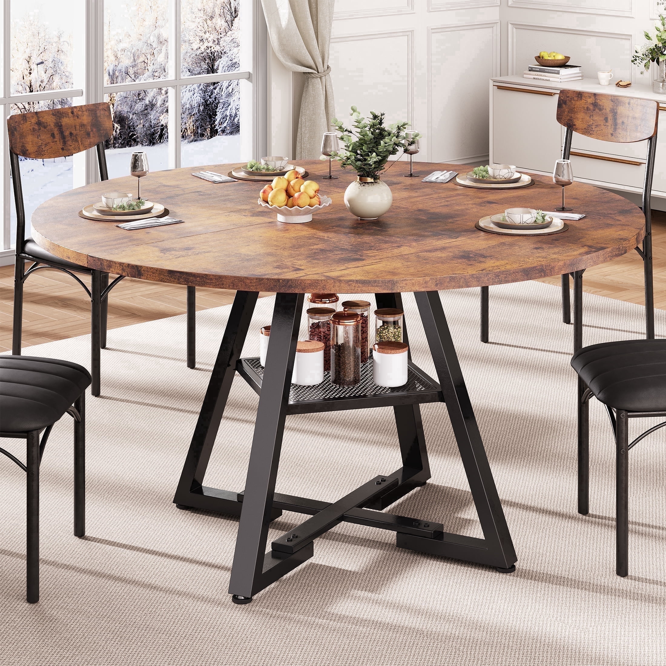 Hijob 47 inch Wood Dining Table for 4, Round Kitchen Dining Table with ...