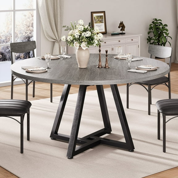 Hijob 47in Round Dining Table for 4, Kitchen Dining Room Circle Dinner Pedestal Table,Kitcen Table Sturdy Wood Kitchen & Dining Room Furniture, Gray(Only Table)