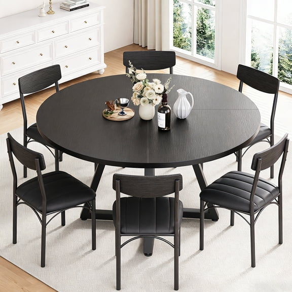 Hijob 51in Round Dining Table for 6-8 Persons, Circle Dinner Table Pedestal Metal Frame, Kitcen Table Sturdy Wood Kitchen & Dining Room Furniture, Black(Only table)