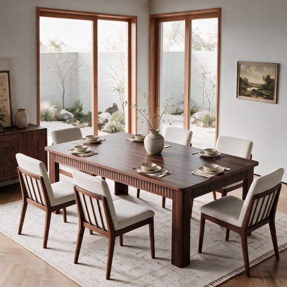 Hijob 70" Farmhouse Rectangular Dining Table with Fluted Table Apron for 6-8 People, Walnut Finish